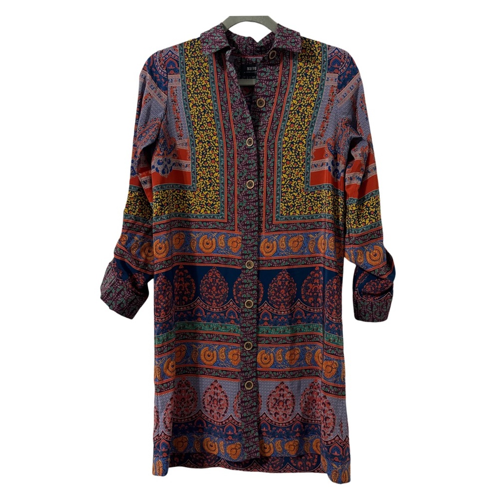 Anthropologie Maeve Casablanca Silk Dress Size 0 Button Down Shirt Dress Boho
